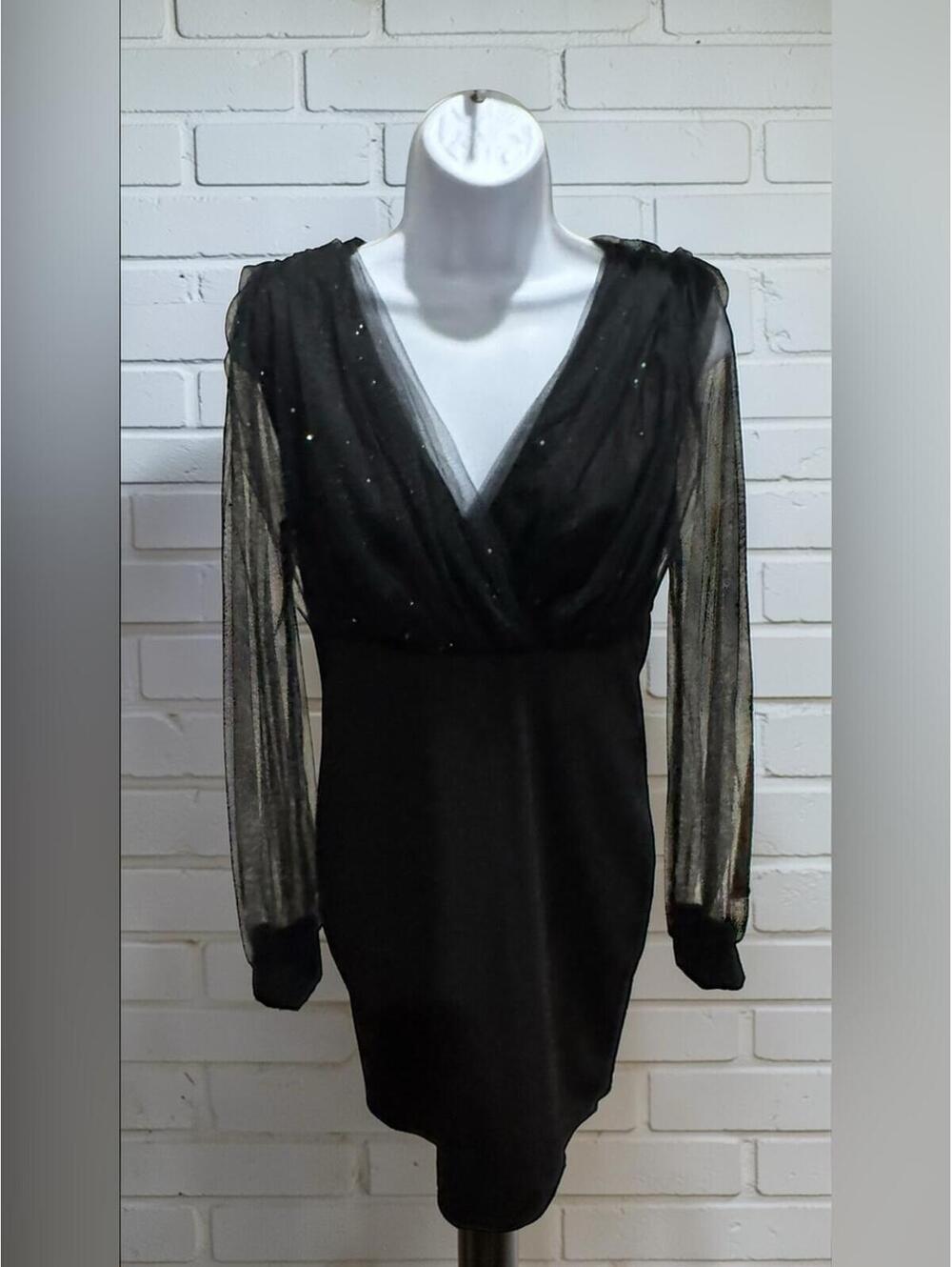 CBR Black Sheer-Sleeve V-Neck Mini Dress